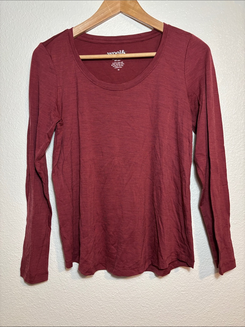 Wool& Long Sleeve Scoop Neck Maroon Fine Striped Tee Merino Wool Minimalist